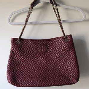 Tory Burch Marion Diamond Quilted Leather Burgundy Tote Shoulder Handbag